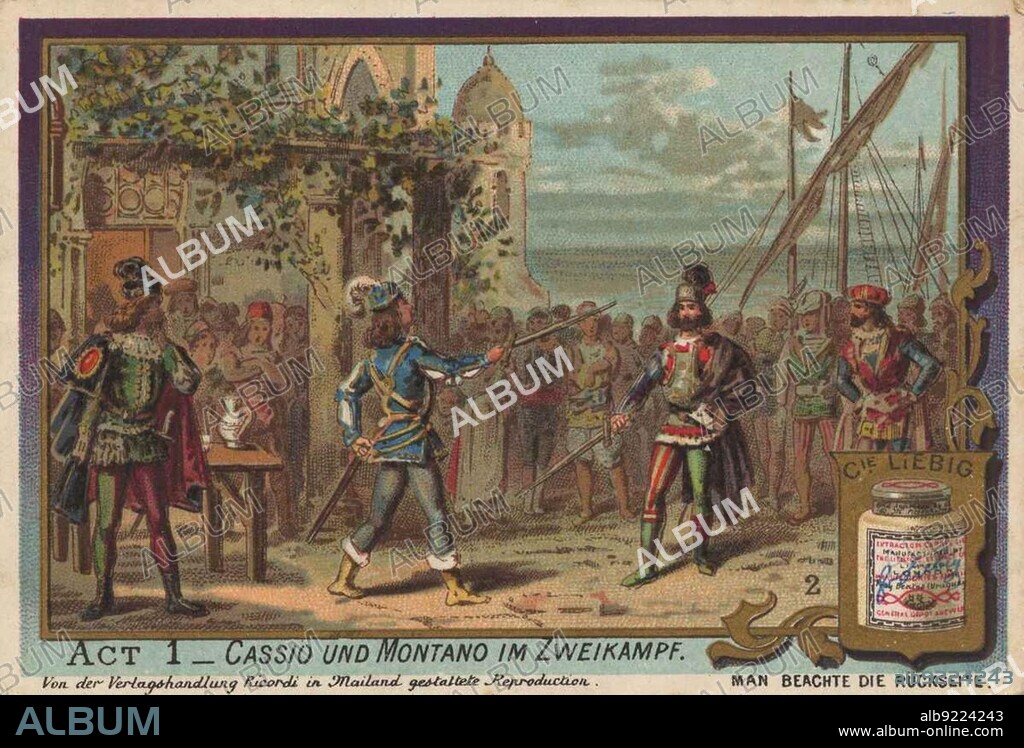 Series of pictures Othello, opera by Verdi, Cassio and Montano in a duel, digitally restored reproduction of a collectors picture from c. 1900