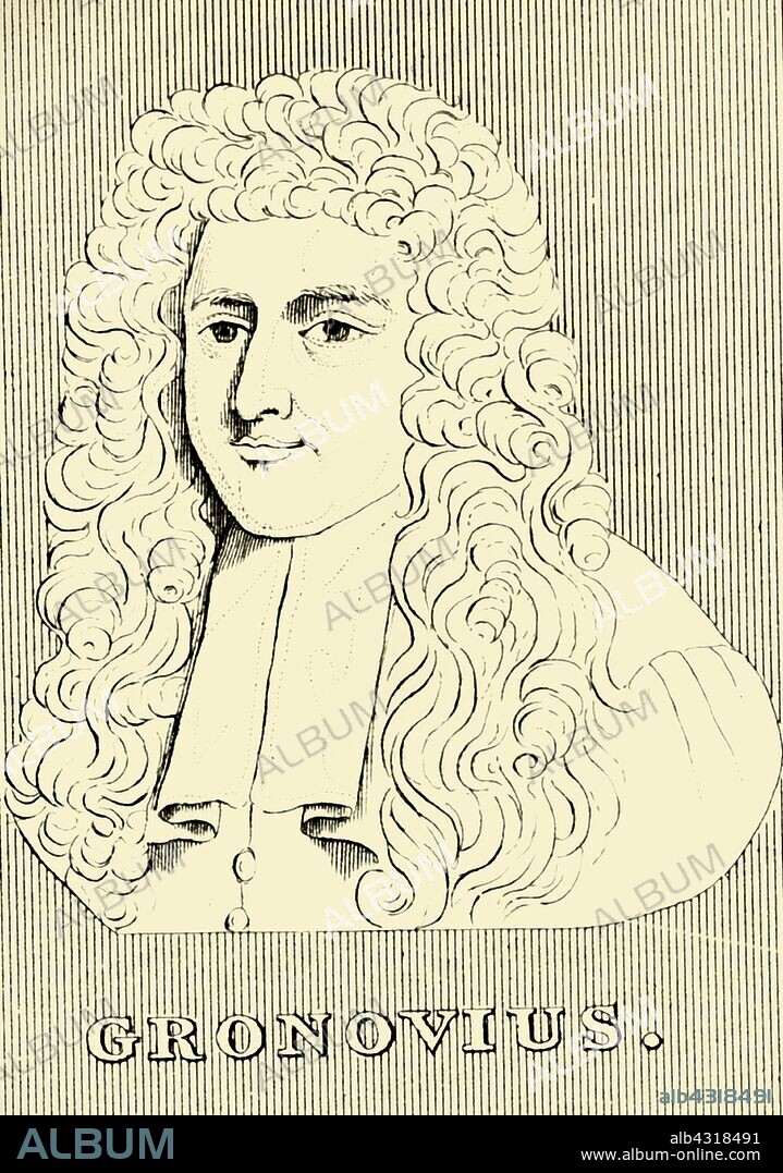 'Gronovius', (1690-1762), 1830. Jan Frederik Gronovius also Johann Frederik and Johannes Fredericus (1690-1762)  Dutch botanist and notable patron of Linnaeus. From "Biographical Illustrations", by Alfred Howard. [Thomas Tegg, R. Griffin and Co., J. Cumming, London, Glasgow and Dublin, 1830].