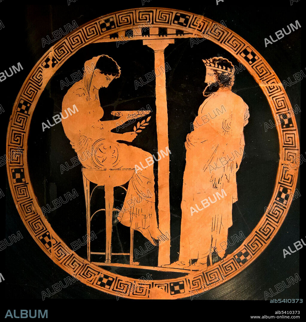 An Attic red-figure kylix from Vulci (Italy), 440-430 BC, depicting King Aigeus in front of the Pythia at the Oracle of Delphi. Black-figure pottery painting is one of the styles of painting on antique Greek vases. The Pythia was the name of the high priestess of the Temple of Apollo at Delphi who also served as the oracle, commonly known as the Oracle of Delphi. The Pythia was established at the latest in the 8th century BC, and was widely credited for her prophecies inspired by being filled by the spirit of the god (or enthusiasmos). The Pythian priestess emerged pre-eminent by the end of 7th century BC and would continue to be consulted until the 4th century AD. During this period the Delphic Oracle was the most prestigious and authoritative oracle among the Greeks, and she was without doubt the most powerful woman of the classical world. (cropped and cleaned).