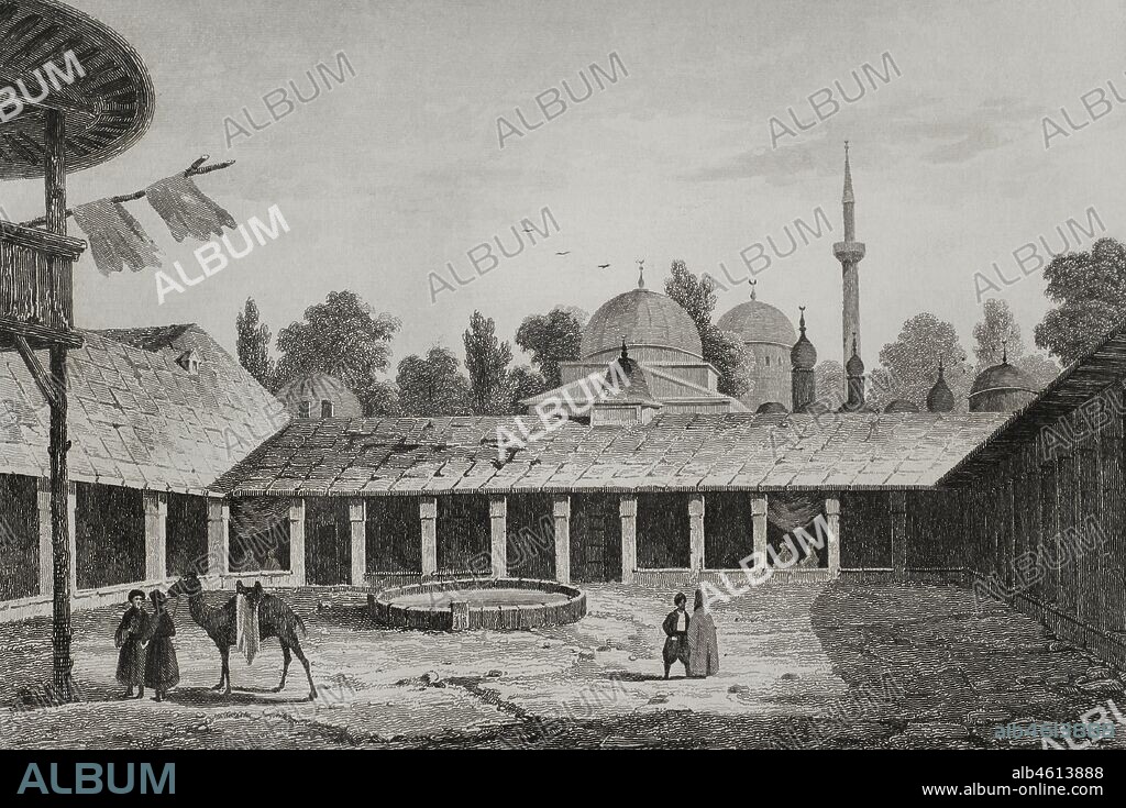 Ottoman Empire period. Caravanserai in Burgas (today territory of Bulgaria). Couryard of the Caravanserai, resting place for travelers. Engraving by Lemaitre, Vormser and Cholet. Historia de Turquia by Joseph Marie Jouannin (1783-1844) and Jules Van Gaver, 1840.