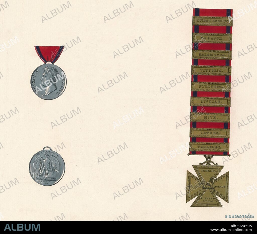 Waterloo & Military General Service Medal 1793-1814'. The Waterloo Medal and Military General Service Medals 1793-1814 were awarded to fearless soldiers who fought at the Battle of Waterloo (18 June 1815), at the Battle of Ligny (16 June 1815) or at Battle of Quatre Bras (16 June 1815). The silver medallion features the effigy of the Prince Regent with the inscription GEORGE P. REGENT, while the reverse depicts the seated figure of Victory with the words WELLINGTON and WATERLOO below and the date JUNE 18 1815. On the blue and red ribbon there are 9 clasps with the names of different battles and sieges.