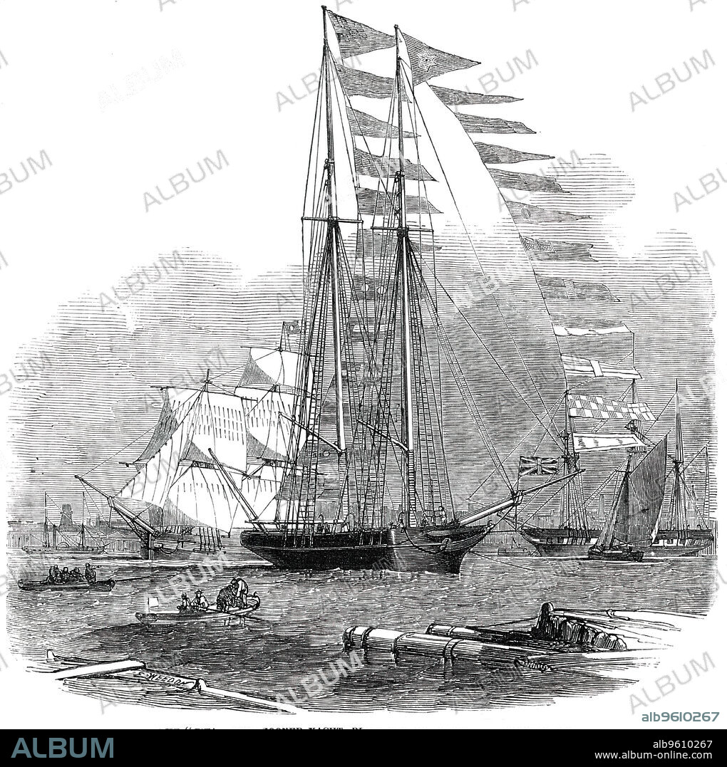 The "Titania" Schooner Yacht, built for Mr. Robert Stephenson, C.E., 1850. 'In the water the Titania very much resembles the Bermudan schooners...she looks long, low, and rakish, with her two tall masts sloping considerably aft...She is formed on the wave-principle of Mr. Scott Russell, and is in many respects very remarkable. She is entirely of iron, and the greater part of her ballast is built into the vessel, so as to form almost part of it. She also possesses the extraordinary roominess, or capacity inside, for cabins and accommodation...The external appearance of the vessel is as handsome as her interior: her shape is made of the fine form calculated to go through the water with least disturbance, and she has every look of a good sea-boat. All her lines are smooth and even, and of good workmanahip. She was built by Messrs. Robinson and Russell, at their ship-building-yard and engine-works, at Millwall...'. From "Illustrated London News", 1850.