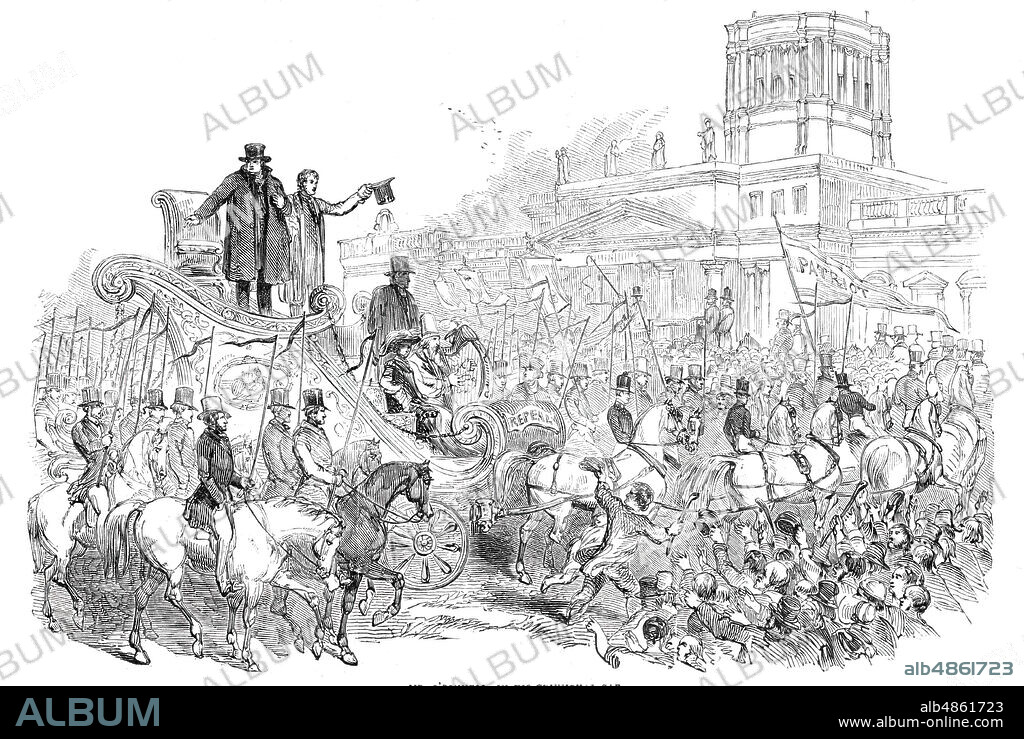 Mr. O'Connell, in his triumphal car, 1844. Crowds in Dublin, Ireland, celebrate the release from prison of nationalist politician. 'At length Mr. O'Connell...[was] seen ascending the triumphal car; and then came forth a shout, so loud, so long, so vehement, and so enthusiastic, that even the man of firmest nerve must for the moment have felt himself shaken by it. Wherever the eye could reach upon the space beneath it, was occupied by a human being, and each and all were sending forth a peal of acclamation. The shout of those in front of the prison was caught up along the whole line of procession, and for at least five minutes the air seemed to be rent with a thunderburst of joyful cheerings, that came reverberating back upon the utterers, making every heart beat quicker, and every eye glance brighter'. From "Illustrated London News", 1844, Vol I.