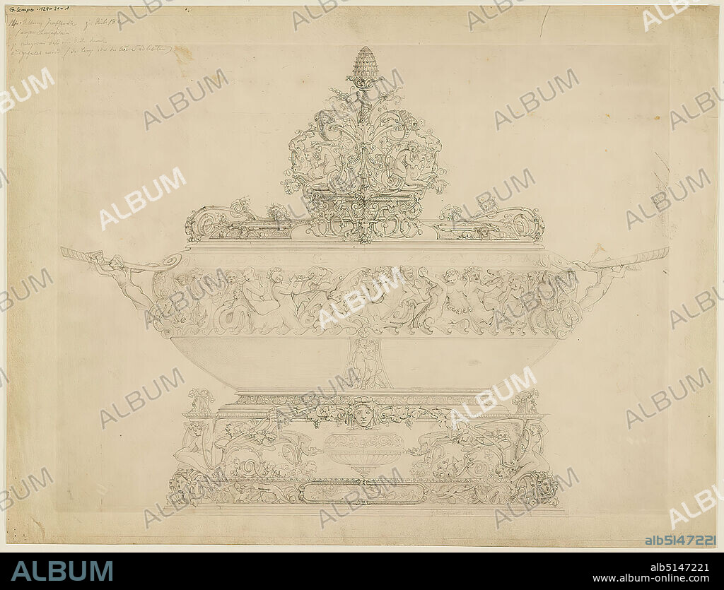 Gottfried Semper, design drawing for a punch pot. Elevation, old stock, probably a 1903, paper, pencil, drawing, sheet size: height: 47 cm; width: 61.7 cm, signed: recto: in lead: Gottfried Semper inv. 1851, inscribed: recto: recto in lead: 14. silver punch bowl for S. 182, own composition, to be reduced so that one side is printed, filled in (of the length or the crosswise ad libidum), G. Semper 129-21-1, R. G. No. 17; added with blue colored pencil on verso: Portfolio No. 15, stamp: MS [Manfred Semper, i.e. from the possession of MS] with blue colored pencil on verso: No. 318, London, design drawings, container (metal): bucket, can, canister, drum, box.