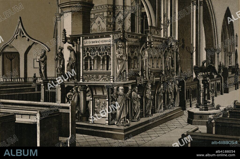The Pulpit, St. Nicholas Church', c1880.  Founded by Herbert de Losinga, the Bishop of Norwich, in 1101 as a penance for an act of simony. From "The Album of Great Yarmouth Views". [Charles, Reynolds & Co., London].