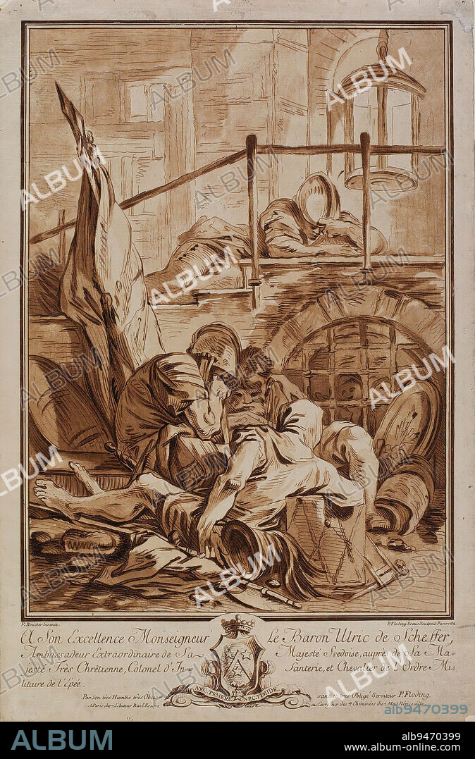 Un Corps de Garde, 1762, Per Gustav Floding; Artist: after François Boucher, French, 17031770, 12 7/8 x 9 5/16 in. (32.7 x 23.65 cm) (plate)15 3/4 x 10 5/16 in. (40.01 x 26.19 cm) (sheet), Engraving, etching and aquatint (lavis) in bistre ink, Sweden, 18th century, In the 18th century, France and Sweden were strong military allies, and upperclass Swedes adopted French artistic trends. Born in Stockholm, Per Gustav Floding was sent to Paris as a young man to learn the art of engraving. He remained there for most of his career but retained close ties to his homeland. King Adolf Frederick was so pleased with a portrait that Floding made of him that he gave the artist money to re-equip his studio. This led directly to Flodings invention of a new printmaking technique, lavis aquatint. The technique involved covering the copper printing plate with powdered resin, heating it to make it adhere, and then subjecting it to repeated acid baths while selectively applying protective coatings between the successive immersions. The result is a field of minute dots of various sizes, which simulate the effect of dilute ink washes when printed.