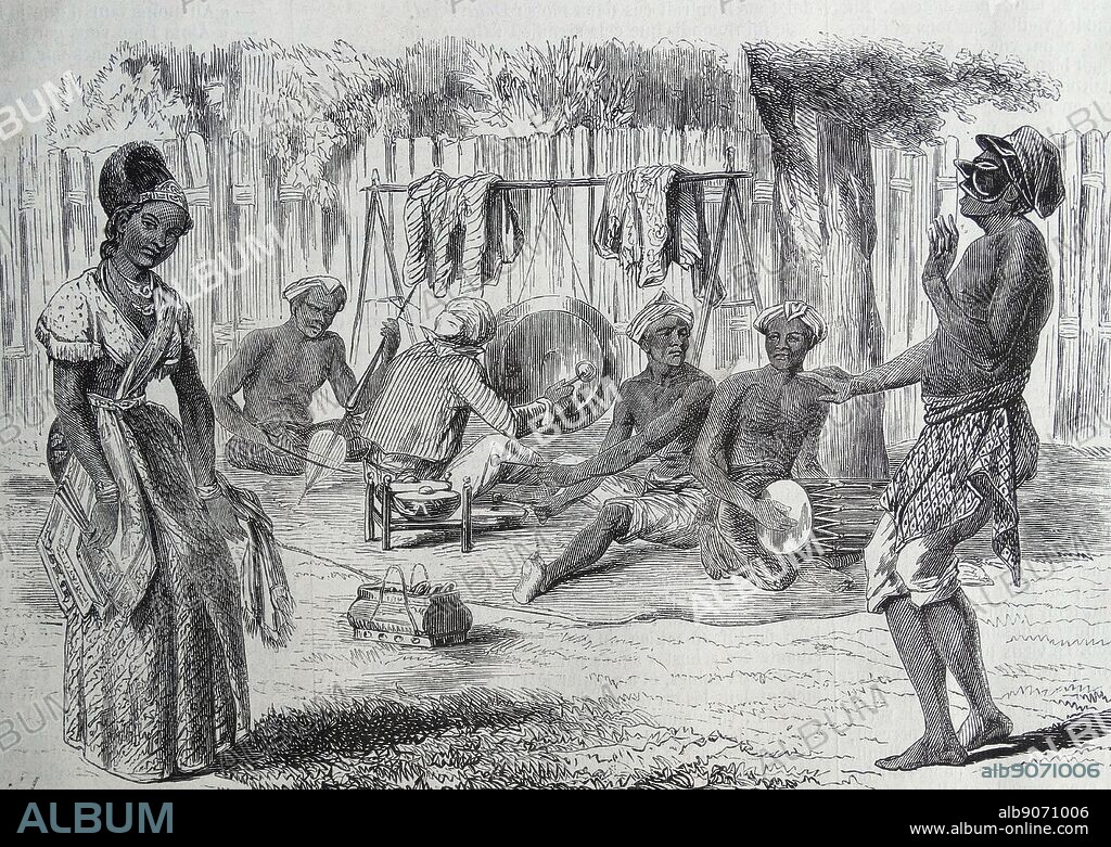 Engraving depicting a tribal masked dance. Dated 1836.