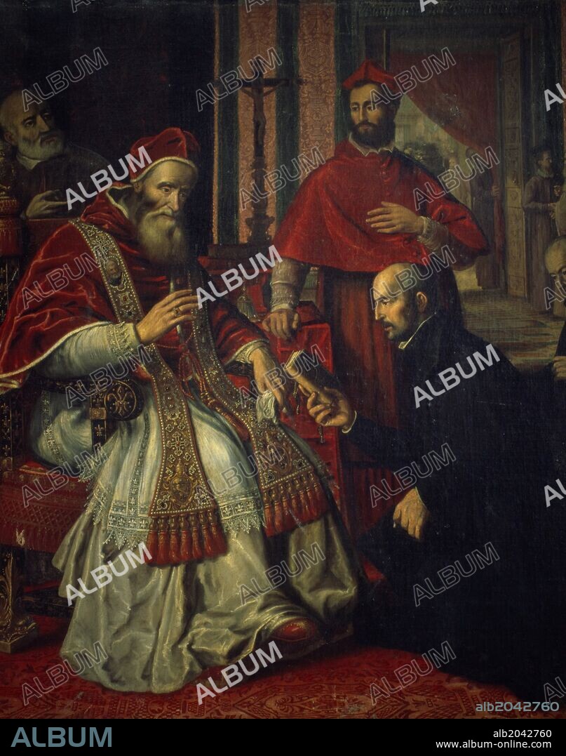 Pope Paul III (Alexander Farnese) (1468-1549) receives rule book of Jesuit order from St. Ignatius Loyola, 1539.