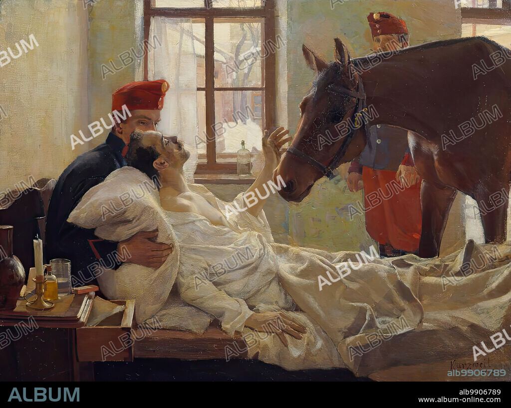MAXIMILIAN KURZWEIL. A lovely visit, 1894. An injured soldier, carefully propped up in bed by a comrade, greets his horse which has been brought to visit him in hospital. The patient, with eyes closed, reaches out his hand in a loving greeting. Through the window is a wintry, snow-covered barracks yard.  The patient's condition is likely to be serious - this may be a farewell to his faithful steed.