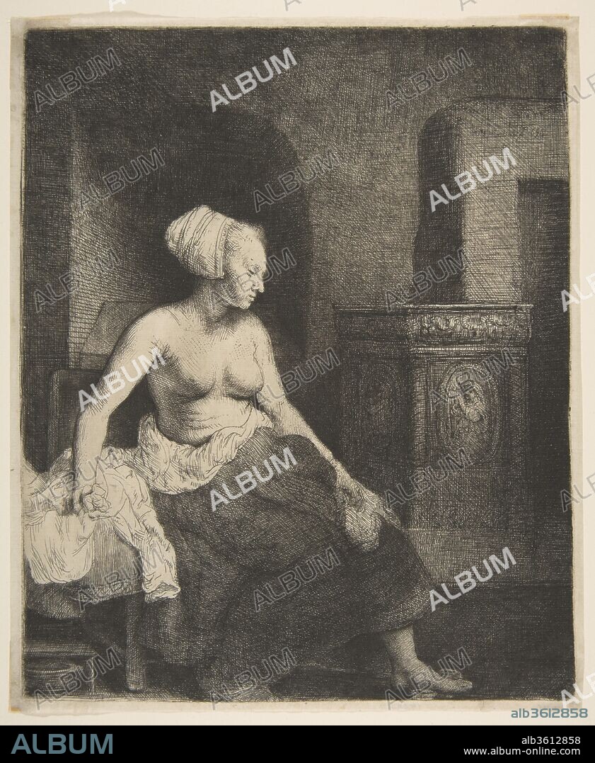 Woman Sitting Half-Dressed beside a Stove. Artist: Rembrandt (Rembrandt van Rijn) (Dutch, Leiden 1606-1669 Amsterdam). Dimensions: Plate: 8 15/16 × 7 5/16 in. (22.7 × 18.6 cm)
Sheet: 9 3/16 × 7 5/8 in. (23.4 × 19.3 cm)
Frame: 21 × 16 in. (53.3 × 40.6 cm). Date: 1658.