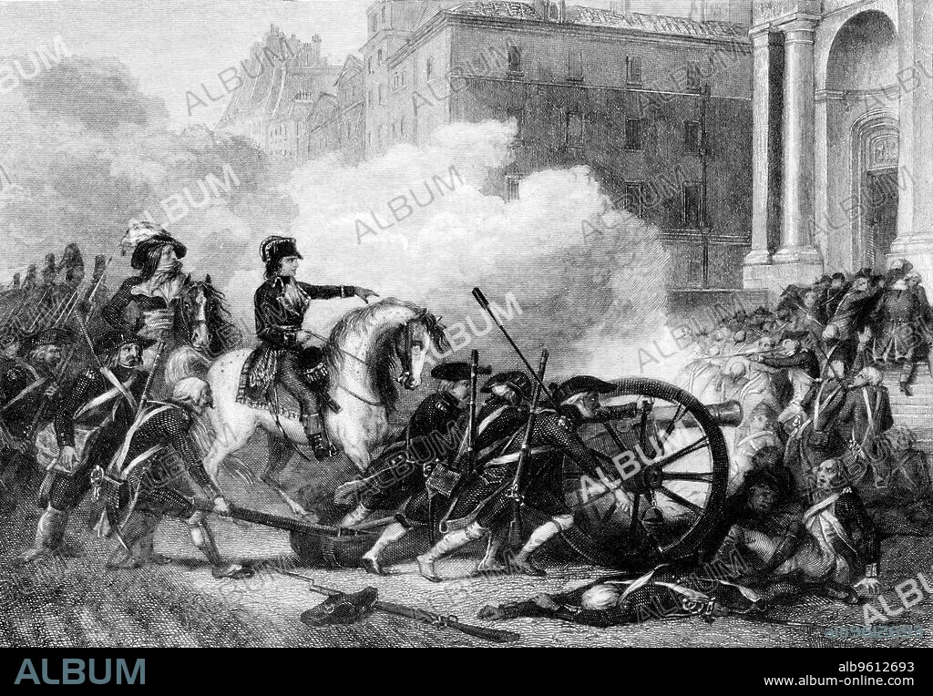 Napoleon helping to defeat counter-revolutionaries in Paris, French Revolution, 1795. Napoleon Bonaparte (on horseback) commanding revolutionary troops in street fighting on 13 Vendemiaire (5 October). Napoleon's decisive action in putting down what was a serious insurrection brought him to national prominence and earned him promotion to the command of the Army of the Interior in 1796.