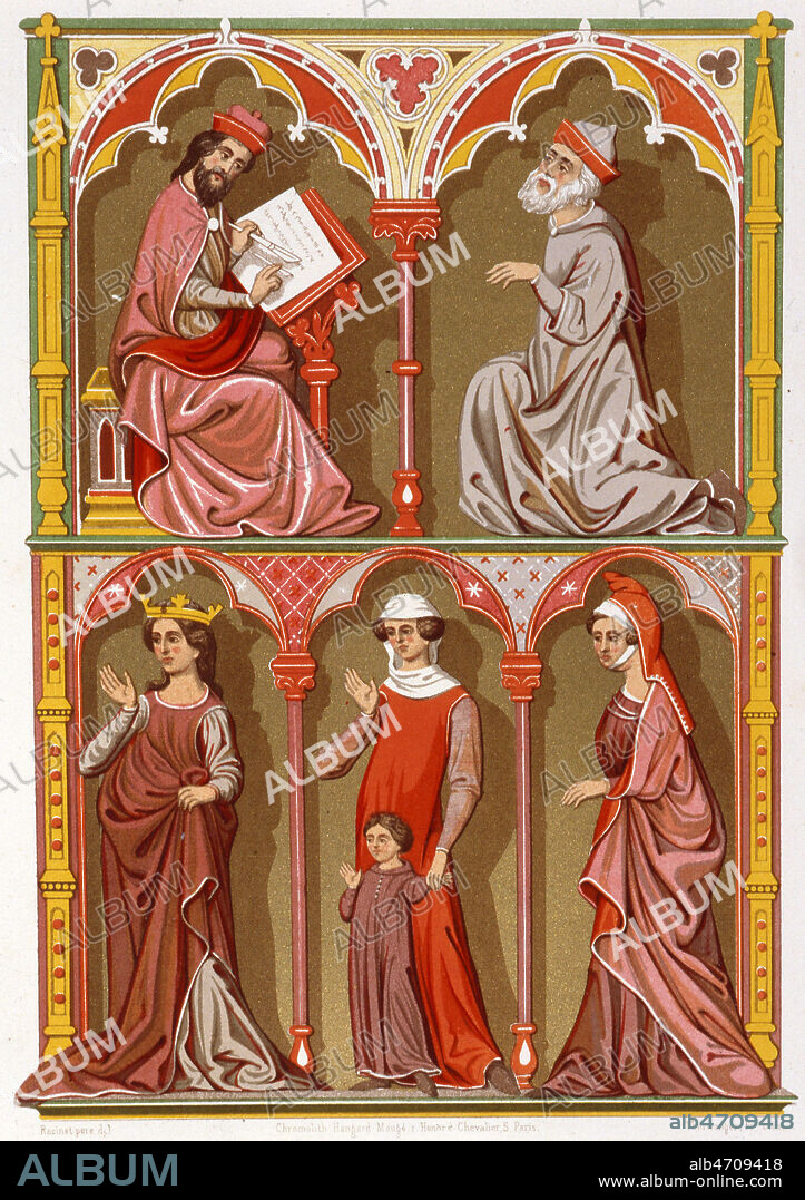 'Differents personnages: de h en b et de g a d : savant, bourgeois, reine, bourgeoise et son fils, dame noble' d'apres miniature La Bible en Francais par Guyart des Moulins (Ms6820refBN) les Arts Somptuaires de 1858. Crédit: Collection Kharbine-Tapabor.