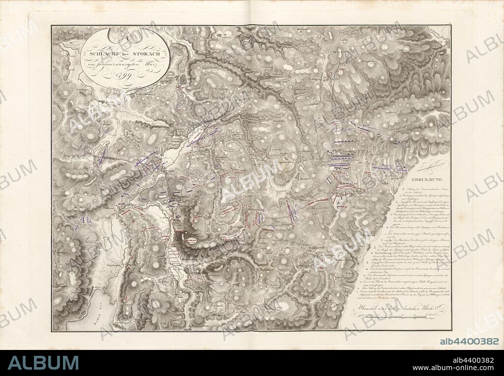Battle of Stokach on the twenty-fifth of March, 1799, Map of the Battle of Stockach on March 25, 1799, signed: Gez., v, Hptm. Rosenberg; D., by Joseph List, Taf. 5, p. 12, Rosenberg (gez.); List, Joseph (gest.), Erzherzog Karl von Oesterreich: Geschichte des Feldzuges von 1799 in Deutschland und in der Schweiz. Bd. 3. Wien: gedruckt bei Anton Strauss, 1819.