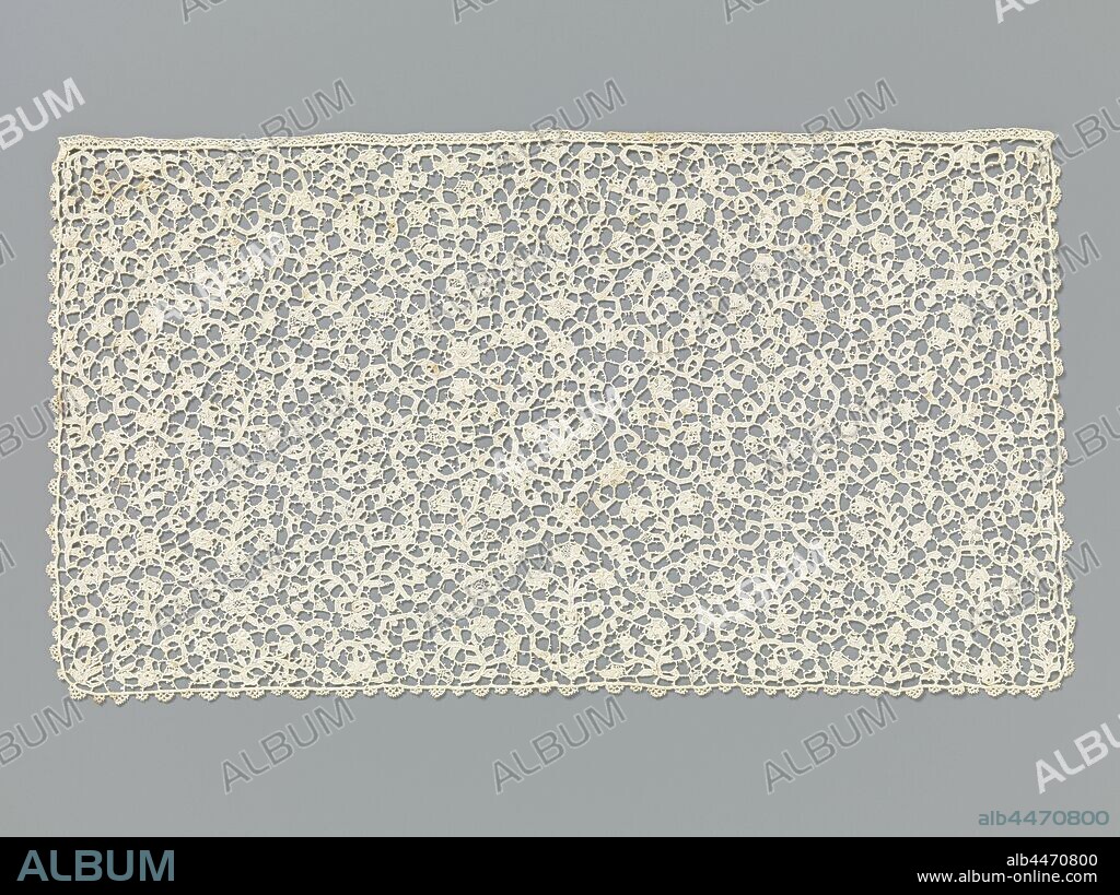 Slip from a jabot of needle lace, Slip of a jabot of natural colored needle lace: flat Venetian lace. On either side of a middle motif of flower vases, curls and flowers is a symmetrical drawing of vases with flowers in a diamond shape of C-curls surrounded by irregular flower sprays. The motifs are made with festoon stitches, with cut-outs of simple patterns in different flowers and leaves. The motifs are connected to each other by a hexagonal, coated barbed ground. The briefs are finished on three sides with a straight edge with painted bows. One long side is finished with a clasped edge., anonymous, Europe, c. 1700, linen (material), flat Venetian (needle point), l 37.5 cm × w 21 cm.