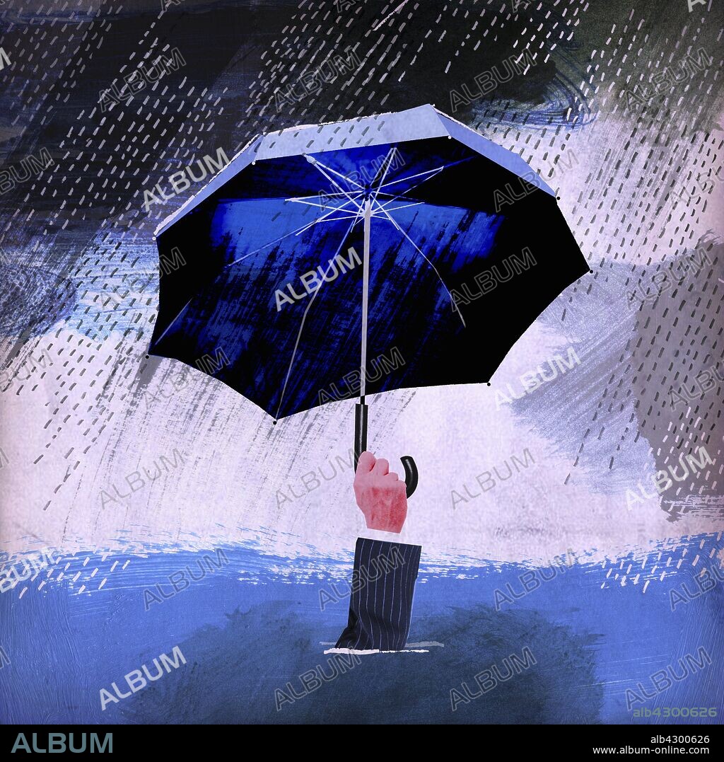 Drowning businessman holding up umbrella in rain.