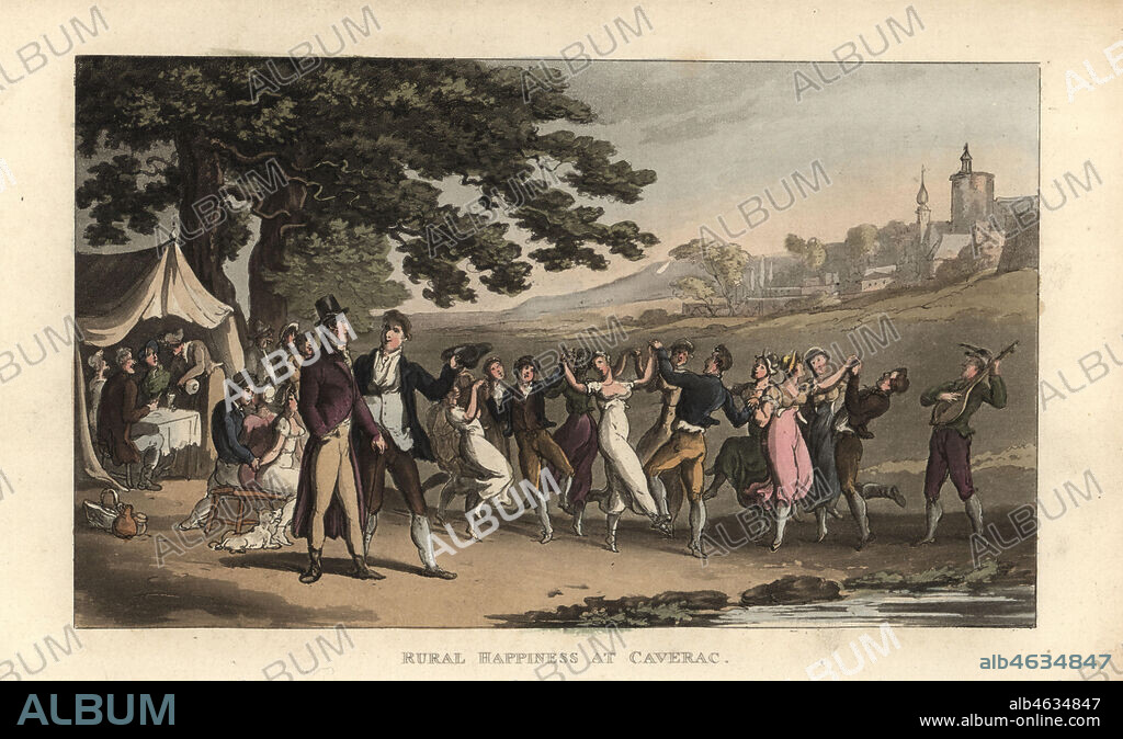 Gentleman tourist watching a village dance in Caveirac, France, 18th century. Men and women folk dance in a circle, while others drink in a tent under a tree. Rural happiness at Caverac. Handcoloured copperplate engraving after an illustration by Thomas Rowlandson from Journal of Sentimental Travels in the Southern Provinces of France, translated and abridged from Moritz August von Thummels Reise in die mittäglichen Provinzen van Frankreich im Jahre 17851786, Rudolph Ackermann, London, 1821.