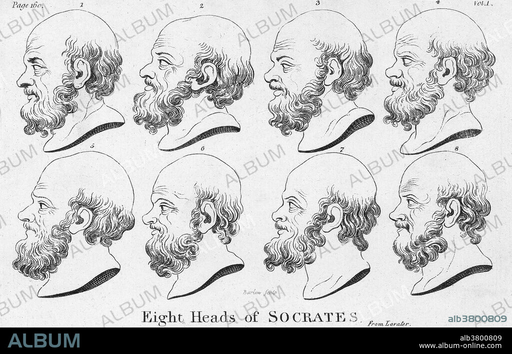 An illustration showing eight profiles of Socrates. Socrates (c.470-399 BC) was an Ancient Greek philosopher credited with introducing a new and critical attitude in philosophy and science. He was said to be the wisest of all men, but having been convicted of neglecting the city gods and corrupting the youth of Athens, he was forced to drink a fatal draft of hemlock.