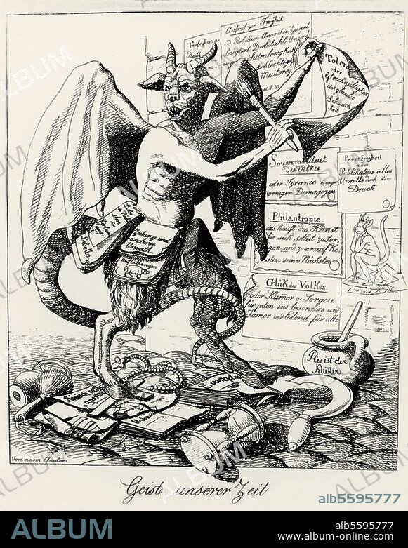 ANONYM. Karlsbader Beschlüsse, 20. September. 1819. "Geist unserer Zeit". Reaktionäre Karikatur auf die freiheitlichen und fortschrittlichen Bewegungen des deutschen Volkes. Radierung.