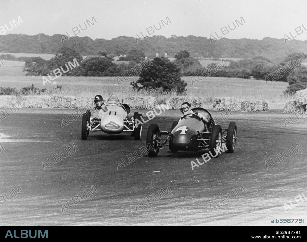 Don Parker and Peter Collins, Silverstone, 1949. Parker leads Collins through Stowe corner during the 1949 100 mile race at Silverstone. Parker was British Formula 3 Champion in 1952, 1953 and 1959. Collins went on to win 3 Formula 1 Grands Prix before suffering a fatal crash at the Nürburgring in 1958.