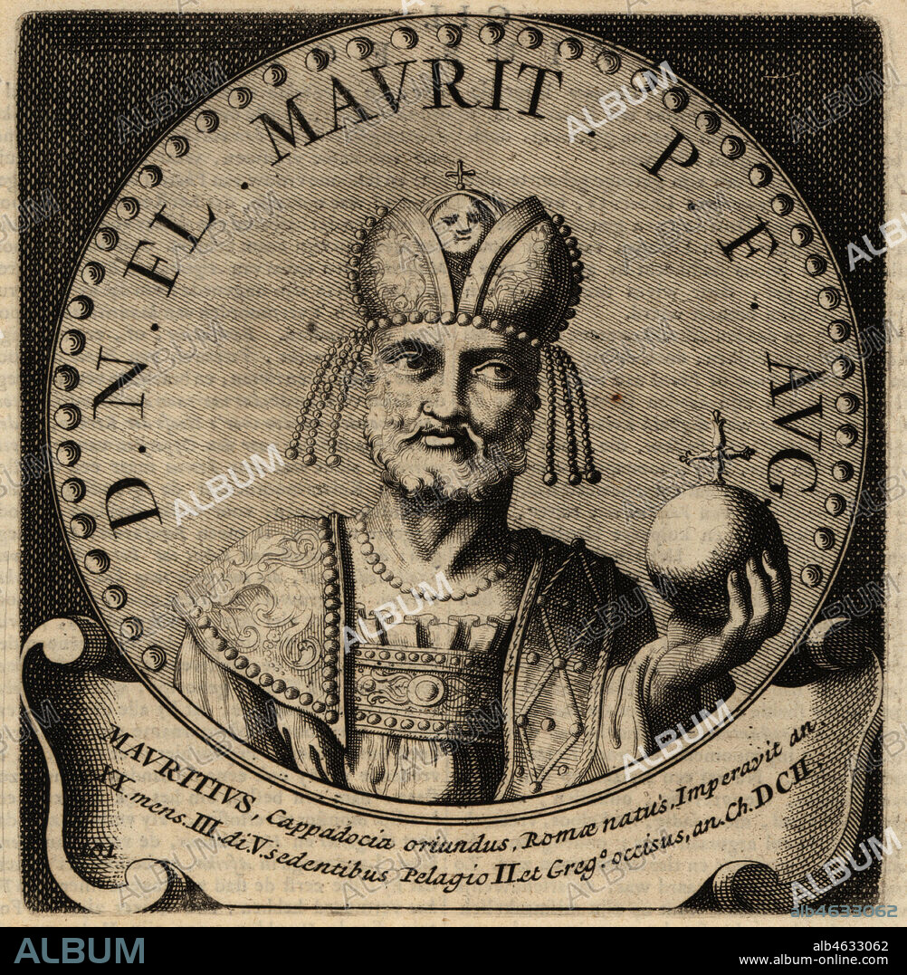Roman Emperor Maurice, 539-602. Mauricius, Mauritius, Flavius Mauricius Tiberius, Byzantine Emperor. Copperplate engraving from Abraham Bogaerts De Roomsche Monarchy, The Roman Monarchy, Francois Salma, Utrecht, 1697.