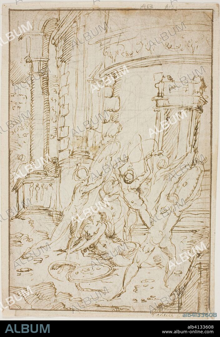 CIRCLE OF JACOPO ZANGUIDI BERTOJA. Study for the Rape of the Sabines. Circle of Jacopo Zanguidi, called Bertoia; Italian, 1544-1573/74. Date: 1544-1575. Dimensions: 203 x 140 mm (max.). Pen and brown ink over traces of black chalk, on ivory laid paper, edge mounted to ivory laid paper. Origin: Italy.