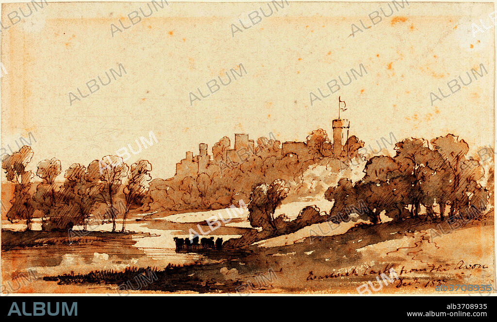 JOHN BAVERSTOCK KNIGHT. Warwick Castle from the Avon. Dated: 1837. Dimensions: overall: 12 x 20.2 cm (4 3/4 x 7 15/16 in.). Medium: pen and brown ink with brown and gray washes over graphite on wove paper.