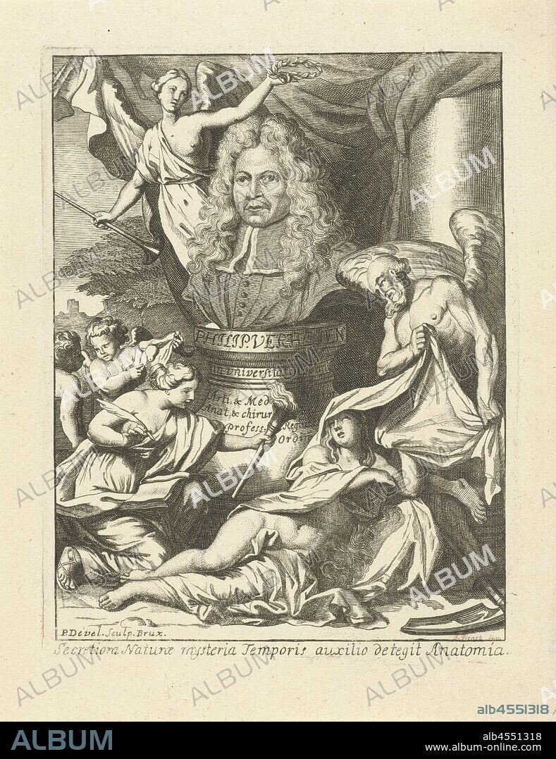 Allegorical performance with portrait of Philips Verheyen, Allegorical performance with portrait of Philips Verheyen. Philip Verheyen bust standing on base. Father Time reveals the naked body of Truth while a personification of Anatomy takes notes. Fame holds a wreath above the surgeon's bust., Time denuding Truth, Fame, 'Fama', 'Fama buona', 'Fama chiara' (Ripa), Philips Verheyen, Pieter Devel (mentioned on object), Brussels, 1710 - 1711, paper, etching, h 163 mm × w 125 mm.