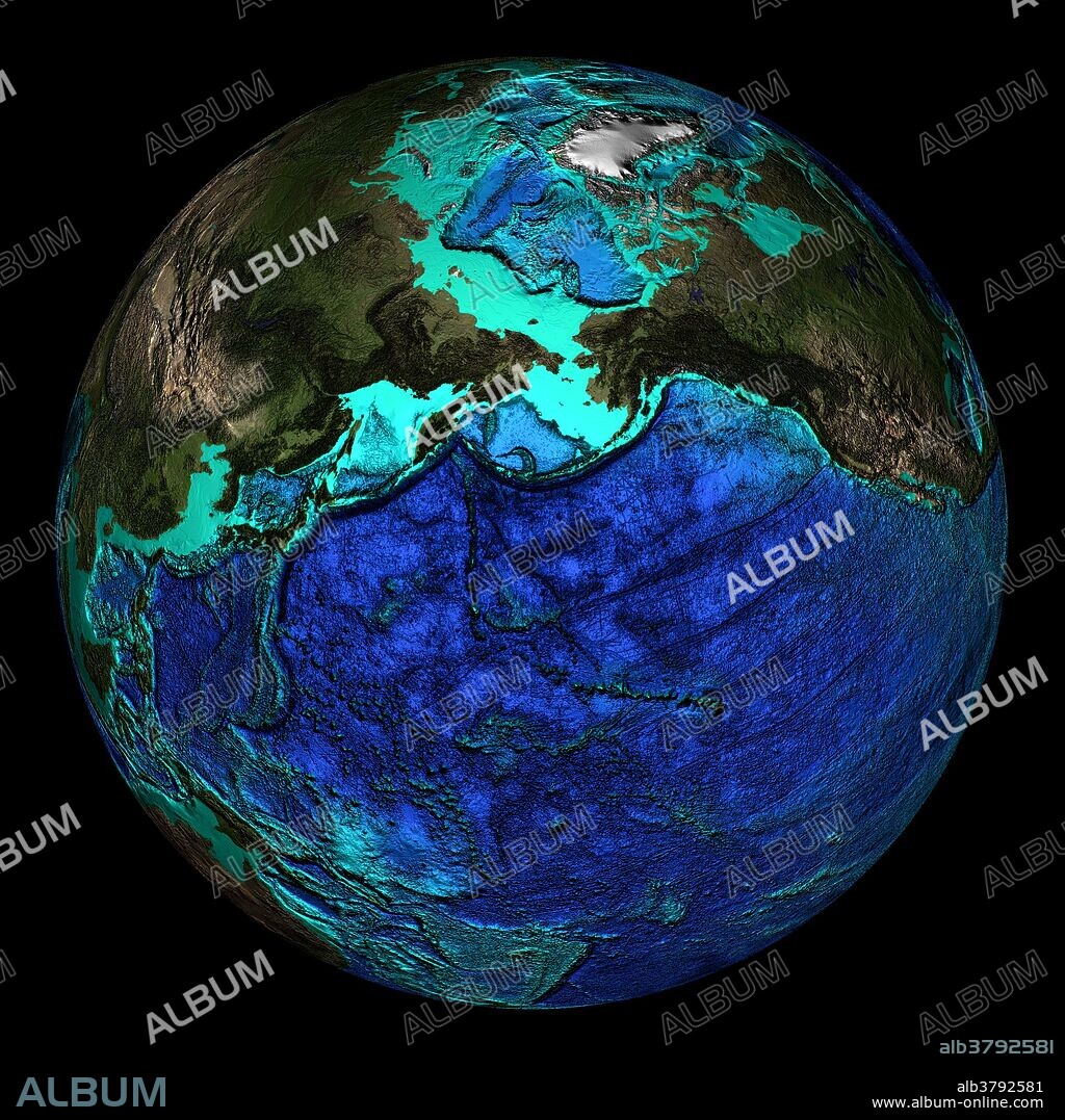 Topographical map of the Earth, centered on 45 degrees North, 180 degrees East. Visible is the deepest point on Earth in the Mariana Trench (on the lower left), volcanic islands and seamounts (throughout the Pacific) as well as the shallow straight between Siberia, Russia, and Alaska. The seas and oceans are color-coded by depth and land colors are based on MODIS true-color data from the Terra satellite in 2004 where darker regions represent highlands. Turquoise regions represent the continental shelf and descend to around 150 meters before dropping off abruptly at the shelf break. The descent of the continental slope to the ocean floor is shown as increasingly dark shades of blue.