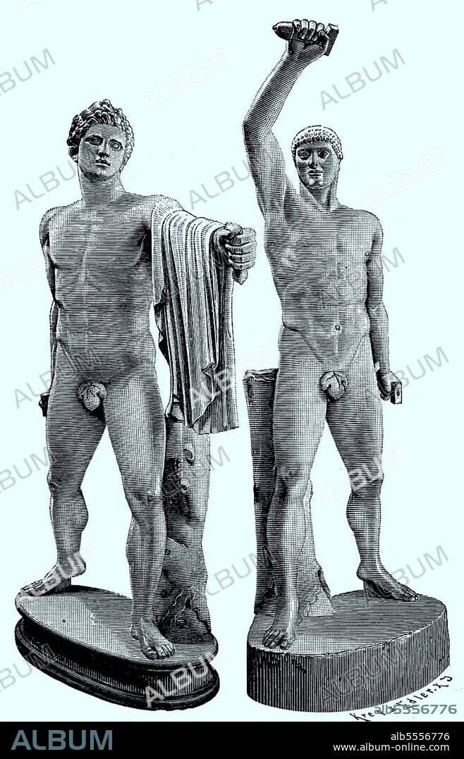 The ancient statuary group is called the Tyrannicide, depicted are Harmodios and Aristogeiton, they killed the brother of the tyrant Hippias, Hipparchus in 514 BC they were Athenian heroes whose courage paved the way for Athenian democracy which was founded in 477-76 BC, now in the National Archaeological Museum Naples, Italy, digital improved reproduction of an original 19th century print