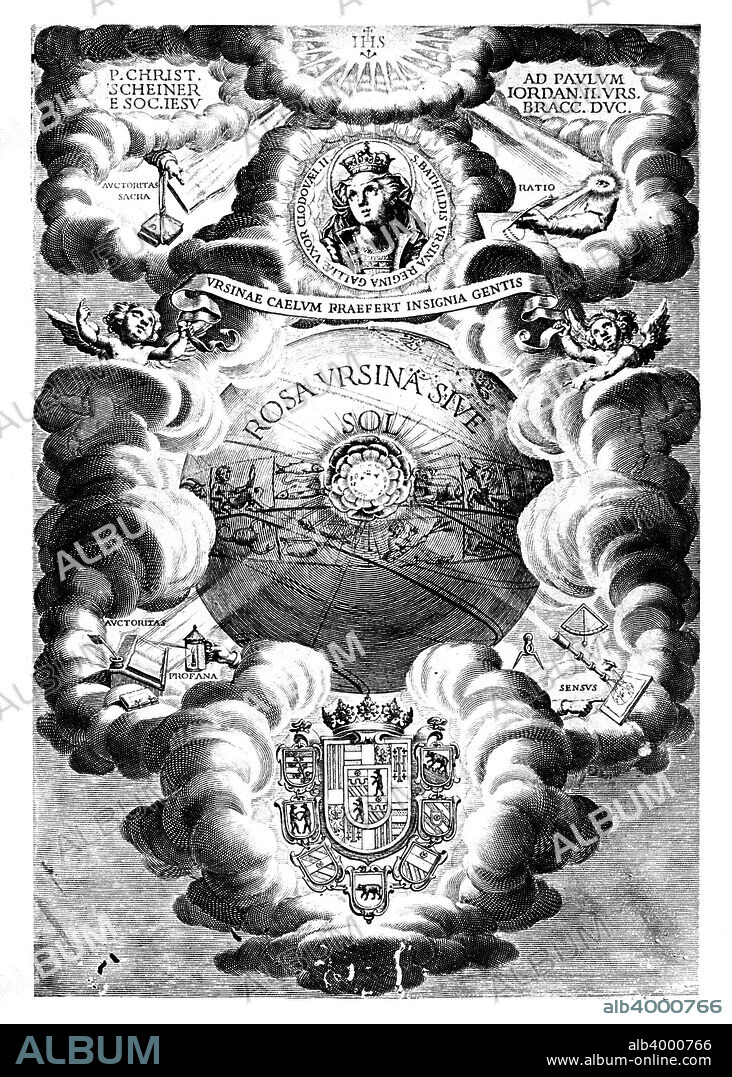 Half-title of Rosa Ursina, by Christopher Scheiner, 1630. German astronomer and mathematician Scheiner (1573-1650) used telescopes invented by Galileo to make over 2000 observations of the Sun, recording sunspots in the process. As a Jesuit, Scheiner held the belief that the Sun, and the heavens generally, had to be perfect, and that sunspots were shadows cast by satellites of the Sun onto its face as they passed across it. This brought him into a bitter dispute with Galileo, who was of the opinion that sunspots were features which formed on the surface of the Sun itself. Scheiner attacked Galileo in Rosa Ursina, before Galileo's trial before the Inquisition in 1633.