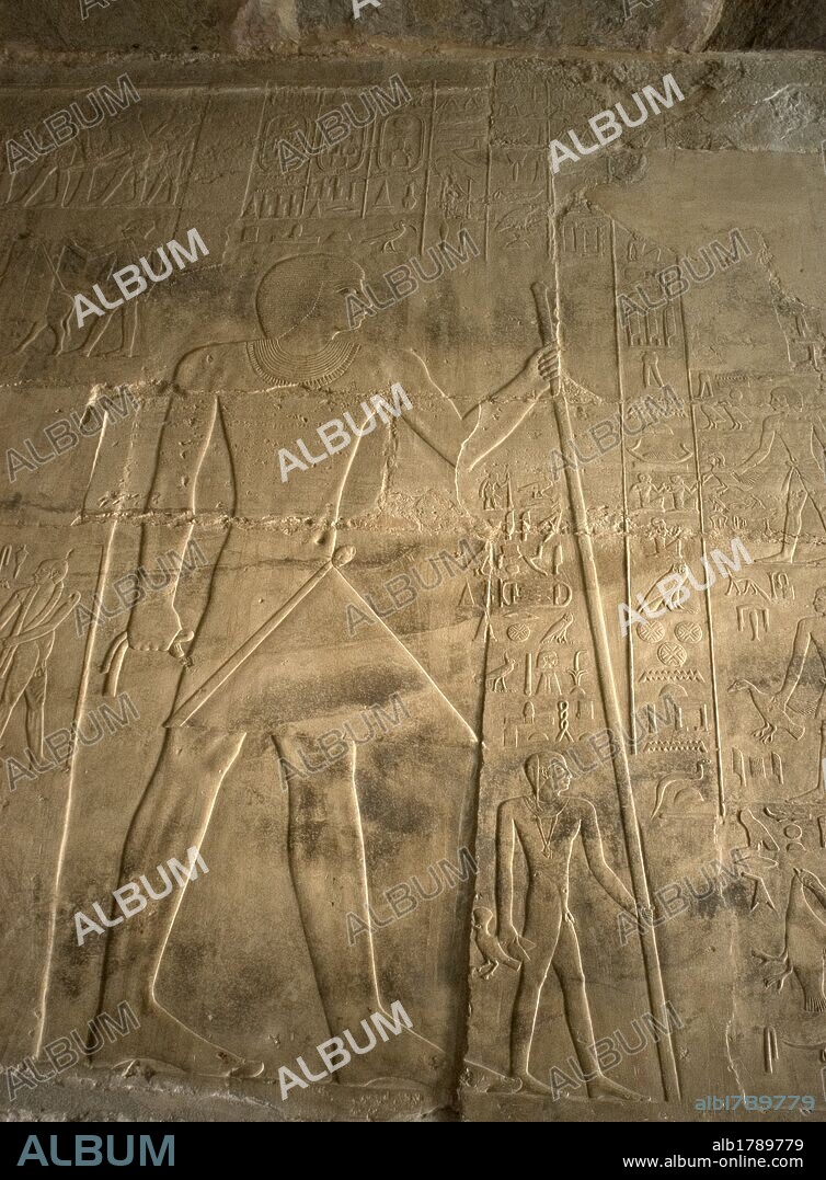 Mastaba of Ptahhotep and Akhethotep. 5th Dynasty. Old Kingdom. Egyptian viziers. Father and son. Relief where the deceased is depicted standing with cane. Saqqara. Egypt.