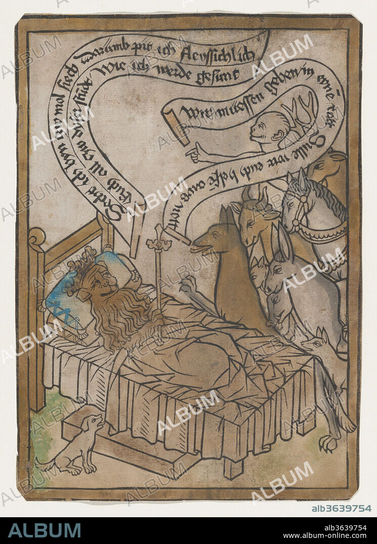 The Sick Lion Summons the Animals to His Bedside from the Sick Lion blockbook, 2nd edition. Artist: Anonymous, German, Ulm or Basel, 15th century. Dimensions: Sheet: 8 1/8 × 5 11/16 in. (20.7 × 14.5 cm). Date: ca. 1465.
The Sick Lion block book, consisting of nine woodcuts with text banderoles and almost three hundred lines of manuscript text, was created in the region of Basel in the 1450s.  The fable of the sick lion formed the core of numerous literary works of the medieval period.  The specific text of the block book, however, seems to have originated in that region, and its woodcut images have no known visual precedent.  Two examples of the first edition exist; the Metropolitan's sheet is the only known surviving sheet from a later edition, copied probably less than a decade after the original.  
In the story, all the animals except the fox come to visit the sick lion.  The wolf tells the lion that the fox does not care about his well-being.  The fox gets his revenge by telling the lion that in traveling far and wide seeking a cure, he has learned that in order to get well the lion must skin a wolf alive and wrap himself in the warm skin.  Although the fox seems to be the hero of the story, readers are also admonished that only unquestioning trust in their master--the lion, and by extension, the Church--will safeguard them from the evils of both the wolves and foxes of this world.