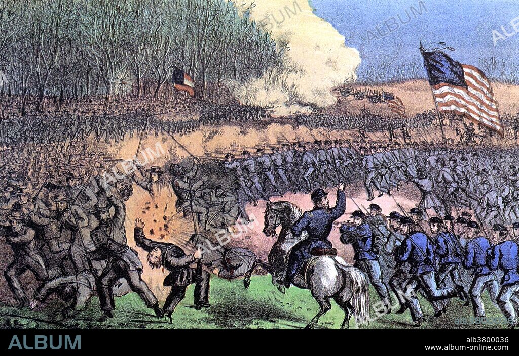 Lithograph entitled and captioned: "Battle of Chancellorsville, Virginia, May 3rd, 1863. This terrific battle was fought between the Army of the Potomac under General Hooker and the Rebel Army under Generals Lee, Stonewall Jackson, Longstreet and Hill. The rebels advanced in overwhelming numbers, but the brave Union soldiers fought with desperate gallantry, holding the Rebels in check, and inflicting dreadful slaughter among them." The Battle of Chancellorsville was a major battle of the American Civil War, and the principal engagement of the Chancellorsville Campaign. It was fought from April 30 to May 6, 1863, in Spotsylvania County, Virginia, near the village of Chancellorsville. Chancellorsville is known as Lee's "perfect battle" because his risky decision to divide his army in the presence of a much larger enemy force resulted in a significant Confederate victory. The victory, a product of Lee's audacity and Hooker's timid decision making, was tempered by heavy casualties and the mortal wounding of Lt. General Thomas J. "Stonewall" Jackson to friendly fire, a loss that Lee likened to "losing my right arm.".