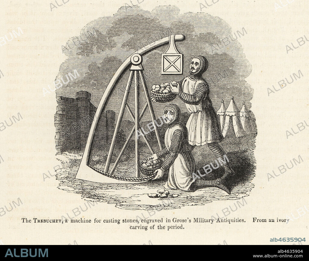 Trebuchet, or French trebuchet, military machine for casting stones. Soldiers in chainmail and tunics firing projectiles at a castle. Siege engine used in medieval warfare. Woodcut after an ivory carving from Sir John Froissart's Chronicles of England, France, Spain and the Adjoining Countries, from the Latter Part of the Reign of Edward II to the Coronation of Henry IV, George Routledge, London, 1868.