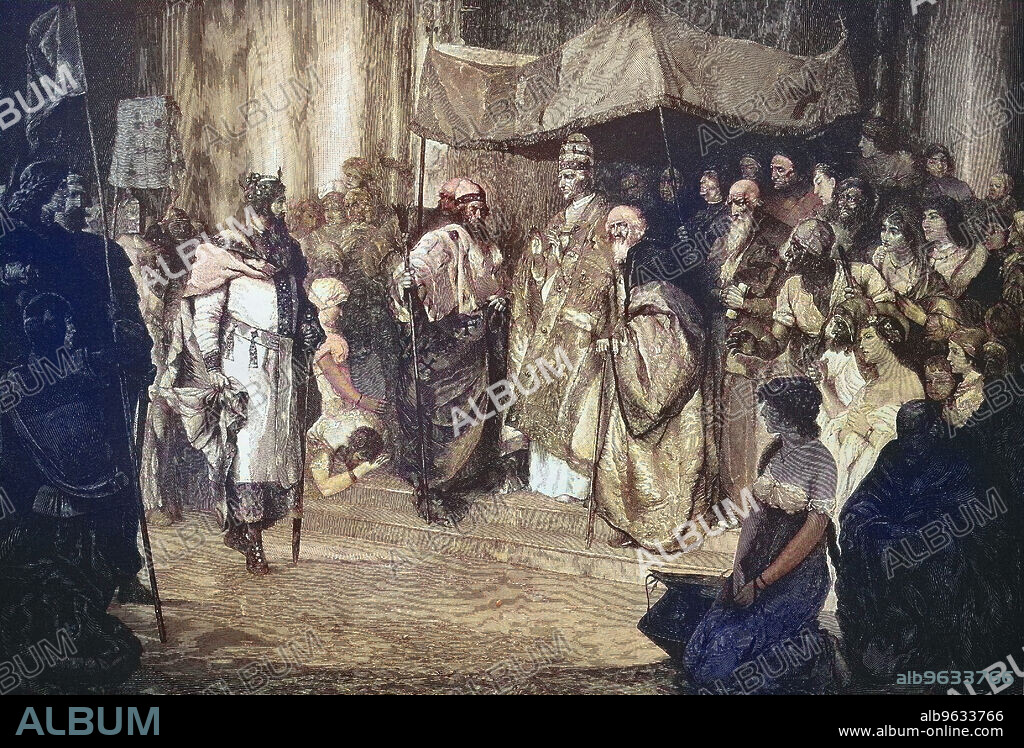 Treffen von Kaiser Friedrich Barbarossa und Papst Alexander III. am 24. Juni 1177. Friedrich, Friedrich, 1122 - 1190, auch bekannt als Friedrich Barbarossa, war von 1155 bis zu seinem Tod Kaiser des Heiligen Römischen Reiches, Papst Alexander III, geboren als Roland von Siena, war vom 7. September 1159 bis zu seinem Tod 1181 Papst, historical, digital improved reproduction of an original from the 19th century / digitale Reproduktion einer Originalvorlage aus dem 19. Jahrhundert, Originaldatum nicht bekannt, ca 1880.