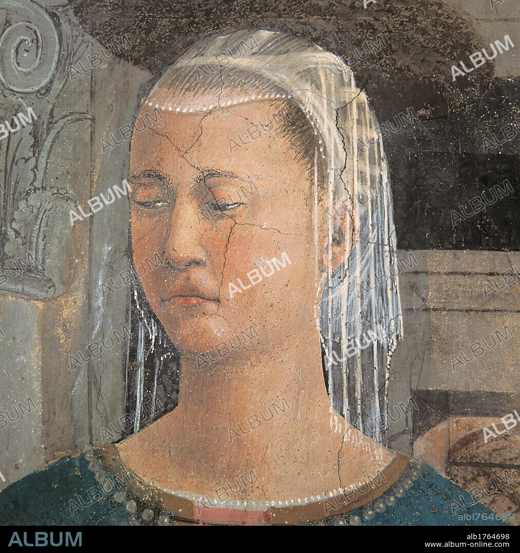 The Legend of the Cross Annunciation, by Pietro di Benedetto dei Franceschi known as Piero della Francesca, 1452-1462 about, 15th Century, fresco, cm 329 x 193. Italy, Tuscany, Arezzo, San Francesco church, Major Chapel. Detail. The face of the Virgin Annunciated, veil. Authorization required for non editorial use.