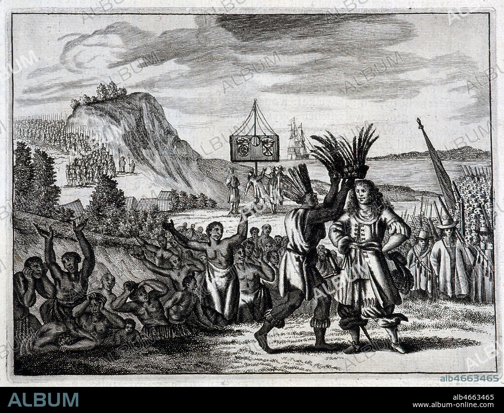 Conquerants hollandais accueillis par les Californiens sur le territoire americain. Gravure tiree de Beschryving van America en t'Zuid Land... par Arnoldius Montanus de 1671. Credit: Collection MX/KHARBINE-TAPABOR.