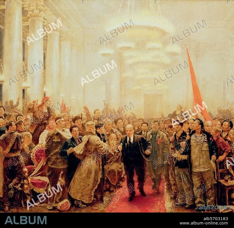 Oktoberrevolution 7./8. November (25./26. Okt. alten Stils) 1917 / 2. Allrussischer Sowjetkongreß am 8. November. "W.I.Lenin tritt auf dem II. Allrussischen Sowjetkongreß auf". Gemälde, 1940, von Alexandr Nikolajewitsch Samochwalow (1894-1971). Öl auf Leinwand, 354 × 283 cm. St. Petersburg, Staatl. Russisches Museum.