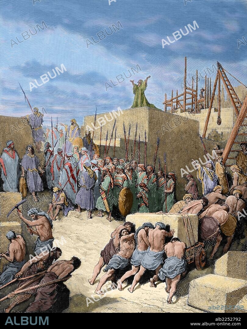 PAUL GUSTAVE DORÉ. ANTIGUO TESTAMENTO. Regreso del exilio babilónico. "RECONSTRUCCION DEL TEMPLO". Libro de Esdras, Libro I, Cap. III. Vers. 1 al 5. Dibujo de Gustavo Doré. Grabado coloreado.