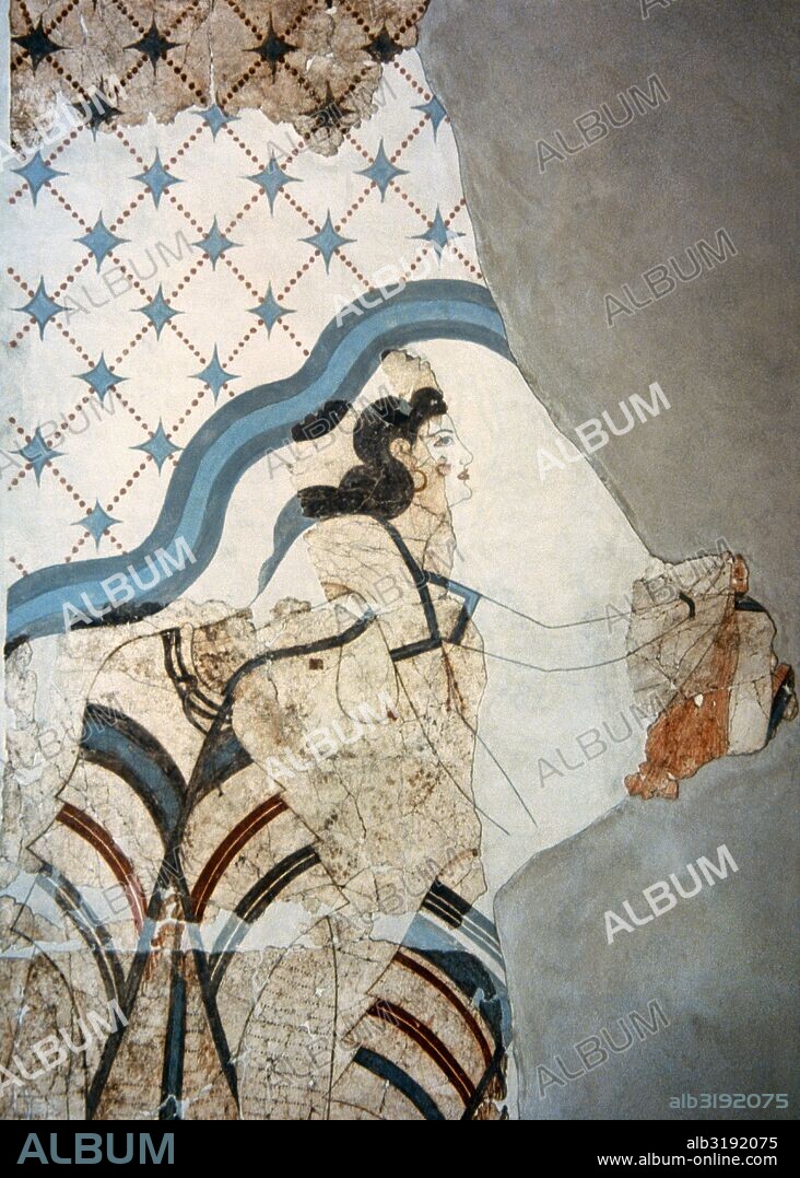 ARTE MINOICO. GRECIA. FRESCO DE LA CASA DE LAS SEÑORAS O DE LAS MUJERES. En éste se representan a mujeres con la falda minoica multicolor y jubón corto. Sobre sus cabezas representación esquemática del cielo estrellado. (Detalle de la pared Norte).1550-1500 a.C.. Procedente de Acrotiri, Isla de Thera (Santorini). Museo Prehistórico de Thera. Grecia.