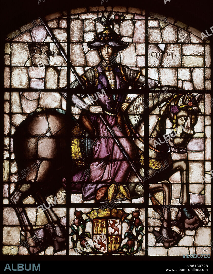 CARLOS MUÑOZ DE PABLOS (1938-). VIDRIERA CON ENRIQUE IV EL IMPOTENTE A CABALLO (1454-1474) - VIDRIERA DE LA SALA DE LA SALA DEL TRONO - SIGLO XX.