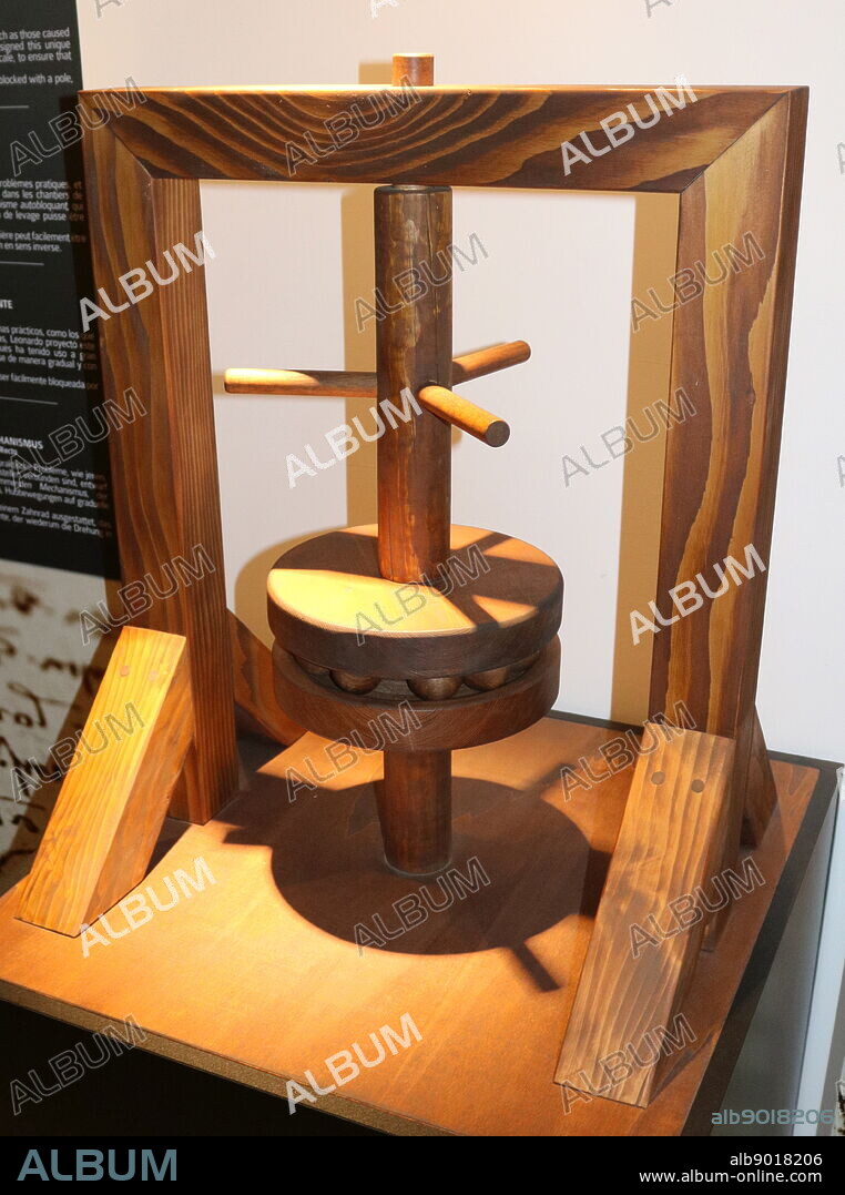 Re-construction of a Ball Bearing, based on a drawing by Da Vinci, in the Madrid Codex I. folio 20 v. His invention was the result of research linked to the yield optimisation of machines in motion, and the limitation of wear caused by friction. Leonardo designed this rolling contraption with perpetual motion, with evenly spaced bearings, which allowed an entire stage to rotate during a theatrical performance of Orpheus for Charles d'Amboise in Milan. Leonardo da Vinci (1452-1519), Italian artist and polymath.