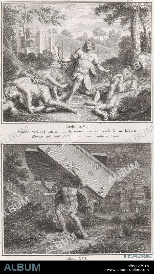 Samson defeats the Philistines with a donkey's jaw / Samson carries the gates of Gaza, Pieter Tanjé, 1791, Two Biblical representations. Above: Samson with the jawbone of a donkey in the midst of the Philistines he has slain. Below: Samson carries the gates of the city of Gaza on his shoulders. In the background Gaza with the open city gate. Below the representations a reference to the Bible texts and titles in Dutch and French., print maker: Pieter Tanjé, (mentioned on object), Amsterdam, 1716 - 1761 and/or 1791, paper, etching, engraving, h 326 mm × w 194 mm.