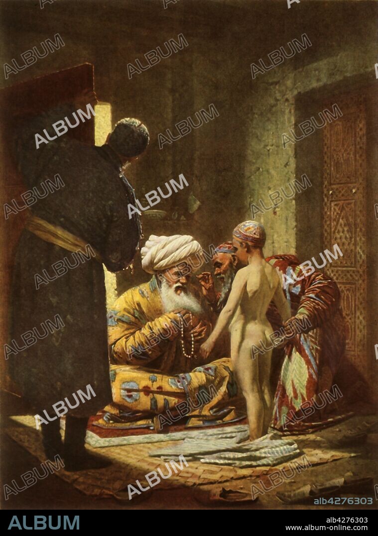 VASILY VERESHCHAGIN. 'The Sale of a Young Serf', 1872, (1965). Painting, also known as 'Selling a Slave Boy', in the State Tretyakov Gallery, Moscow. From "Russian Painting of the 18th and 19th Centuries" by Vladimir Fiala. [Artia, Czechoslovakia, 1965].