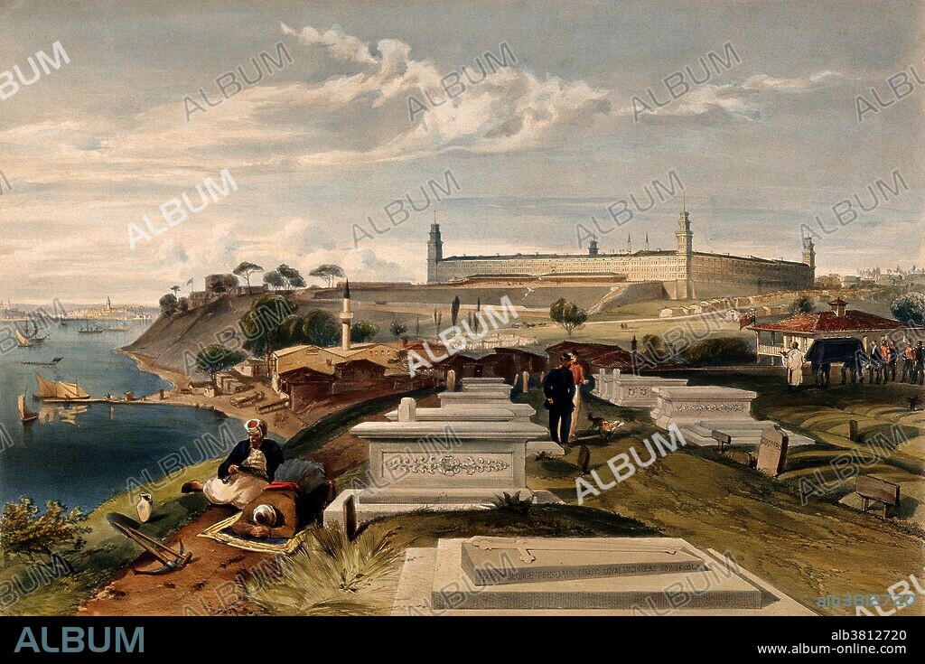 View of hospital and cemetery at Scutari where Florence Nightingale worked during the Crimean War (1854-1856). Colored lithograph by J. Needham after E. Walker. Nightingale (1820-1910) was a British nurse, humanitarian and hospital reformer who is credited with establishing the foundations of modern nursing. Already an experienced nurse, she was appointed director of nursing operations at the war front during the Crimean War. There, her efforts to improve sanitation in the military hospitals drastically reduced the mortality rate among the sick. In 1860, on her return to England, she wrote the textbook Notes on Nursing. This was the first definitive textbook in the field and was translated into many languages.