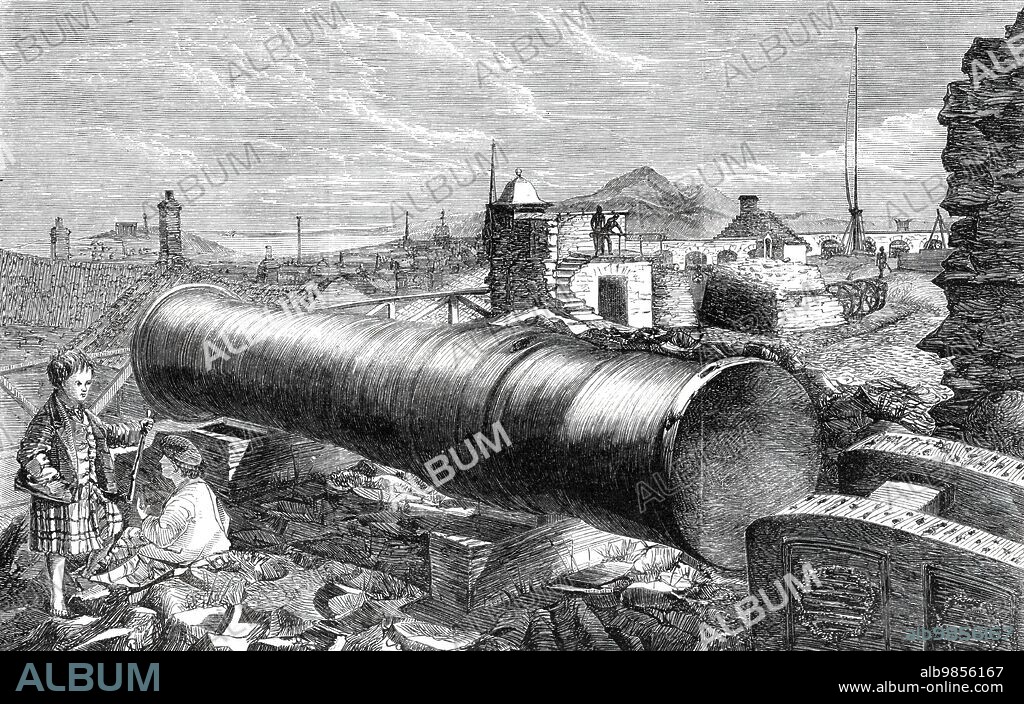 Mons Meg, Edinburgh Castle, 1860.  'This gigantic piece of artillery...was constructed (so Black's Guide to Edinburgh informs us) by Scottish artisans...and called Mollance, or Mons, after the blacksmith who cast it, and Meg after his wife, whose voice is said to have rivalled that of her namesake...The following particulars relating to Meg are from "Chambers' Gazetteer of Scotland": "In March, 1829, an addition was made to the curiosities of the Castle by the restoration of a very ancient piece of ordnance called Mons Meg, which had been removed...in 1754. This gun, which is composed of long bars of beat iron, hooped together by a close series of rings, measuring twenty inches in the bore, is supposed to have been fabricated under the auspices of James II., who, in 1498, employed it at the siege of Norham Castle, on the border of England. It was rent in 1682 when firing a salute to James, Duke of York, and, though now quite useless, it is still held in high estimation by the Scotch, as a curious relic of the taste of one of their ancient and favourite Kings." The balls for Meg, at the castle, are made of Galloway granite, a strong presumptive proof that the gun is of Galloway origin. In circumference these stone balls measure 4 ft. 9 in'. From "Illustrated London News", 1860.