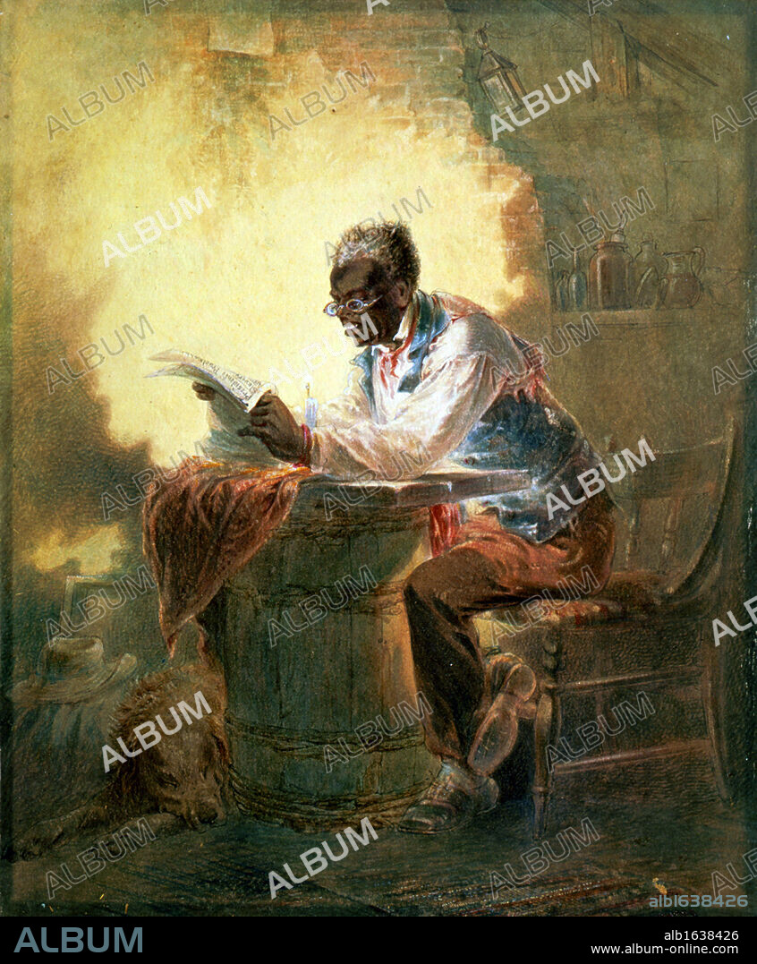African American man reading a newspaper with the headline 'Presidential Proclamation, Slavery' which refers to President Lincoln's Emancipation Proclamation of January 1863. Watercolour by Henry Louis Stephens (1824-1882).