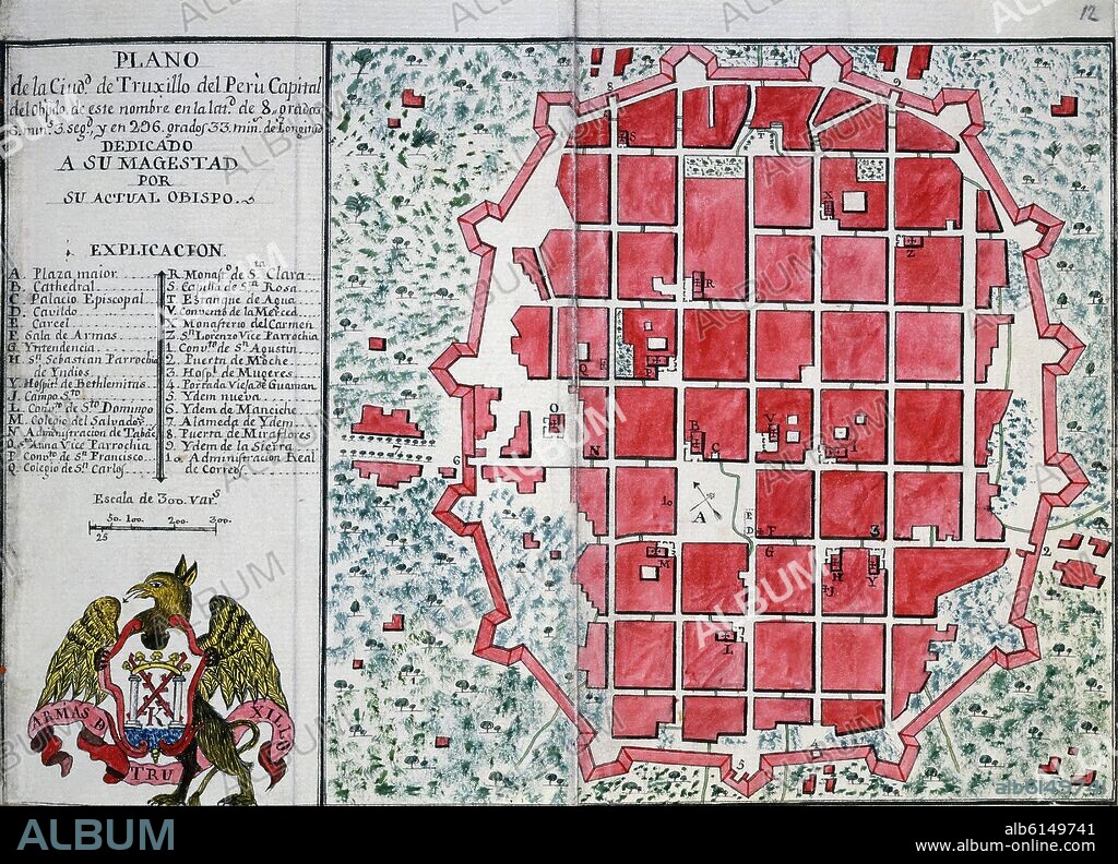 MARTINEZ COMPAÑON BALTASAR. CODICE TRUJILLO DEL PERU - TOMO I - PLANO DE LA CIUDAD DE TRUJILLO - SIGLO XVIII - ACUARELA - MANUSCRITO SIGLO XVIII.