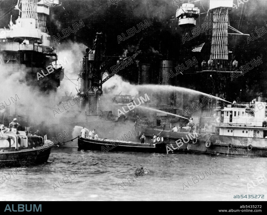 The repair ship U.S.S. Vestal, twice bombed by the Japanese during their sneak attack on Pearl Harbor, December 7th, 1941 is to keep her from sinking when she began to flood. The vestal has since been repaired. This photo has just been released by the Navy Department in Washington. February 4, 1943.