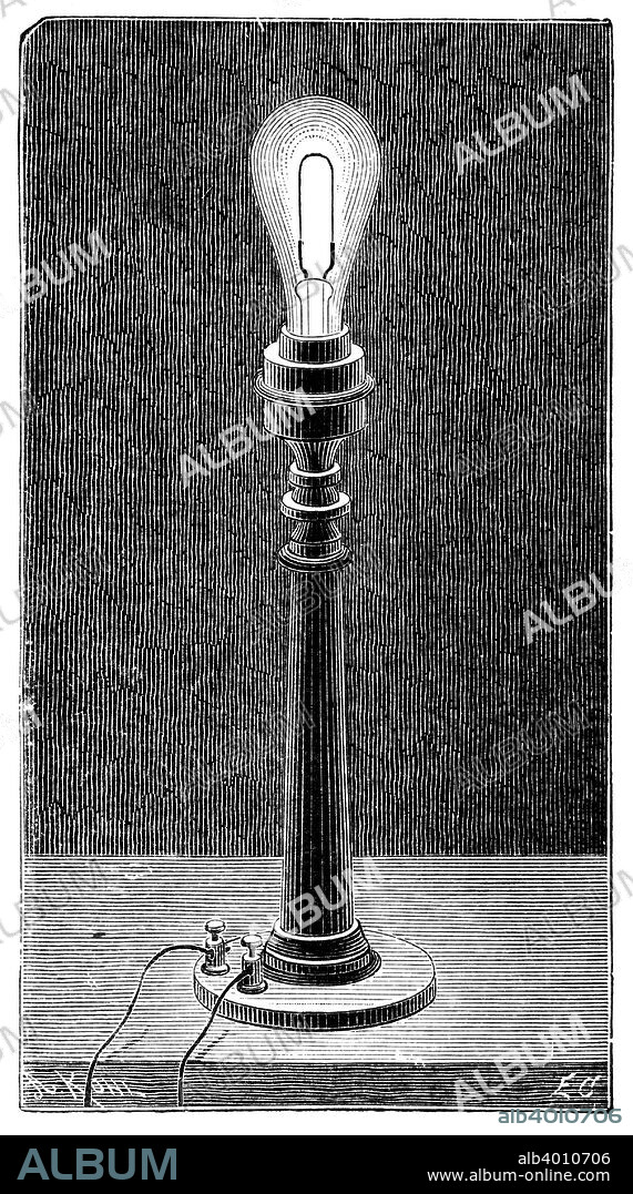 Edison's incandescent light globe in a table lamp fitting, 1891. The filament here is carbonised bamboo fibres. Thomas Alva Edison (1847-1931), American physicist and inventor, produced the first successful electric light bulb. His first practicable carbon filament lamp used carbonised bamboo fibre. From Electricity and Magnetism by Amedee Guillemin. (London, 1891).